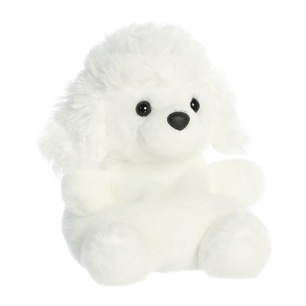 Front view Palm Pals 13cmLuluthe Poodle plush toy with soft white curls, sparkling black eyes and nose, and a sweet smile.