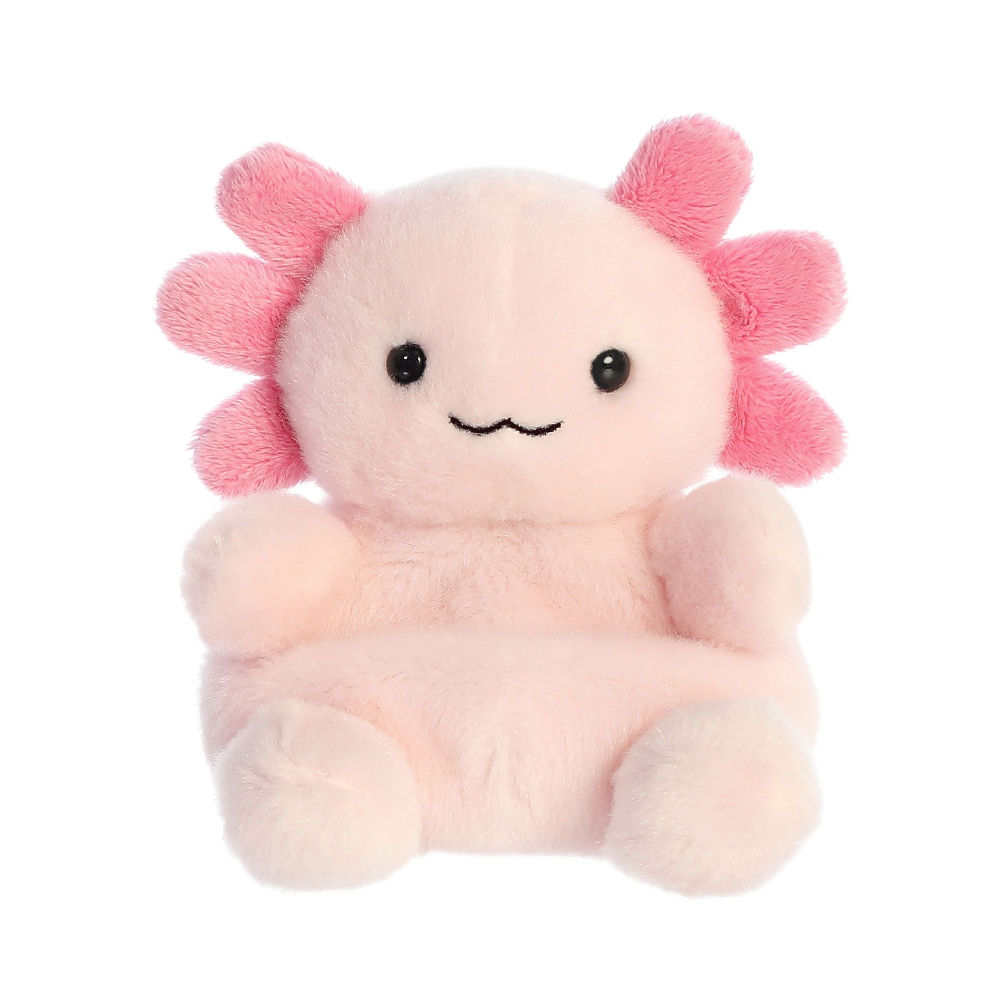 Front view Palm Pals 13cm Ax Axolotl plush toy. Features soft pink fur with darker pink fluffy gills
