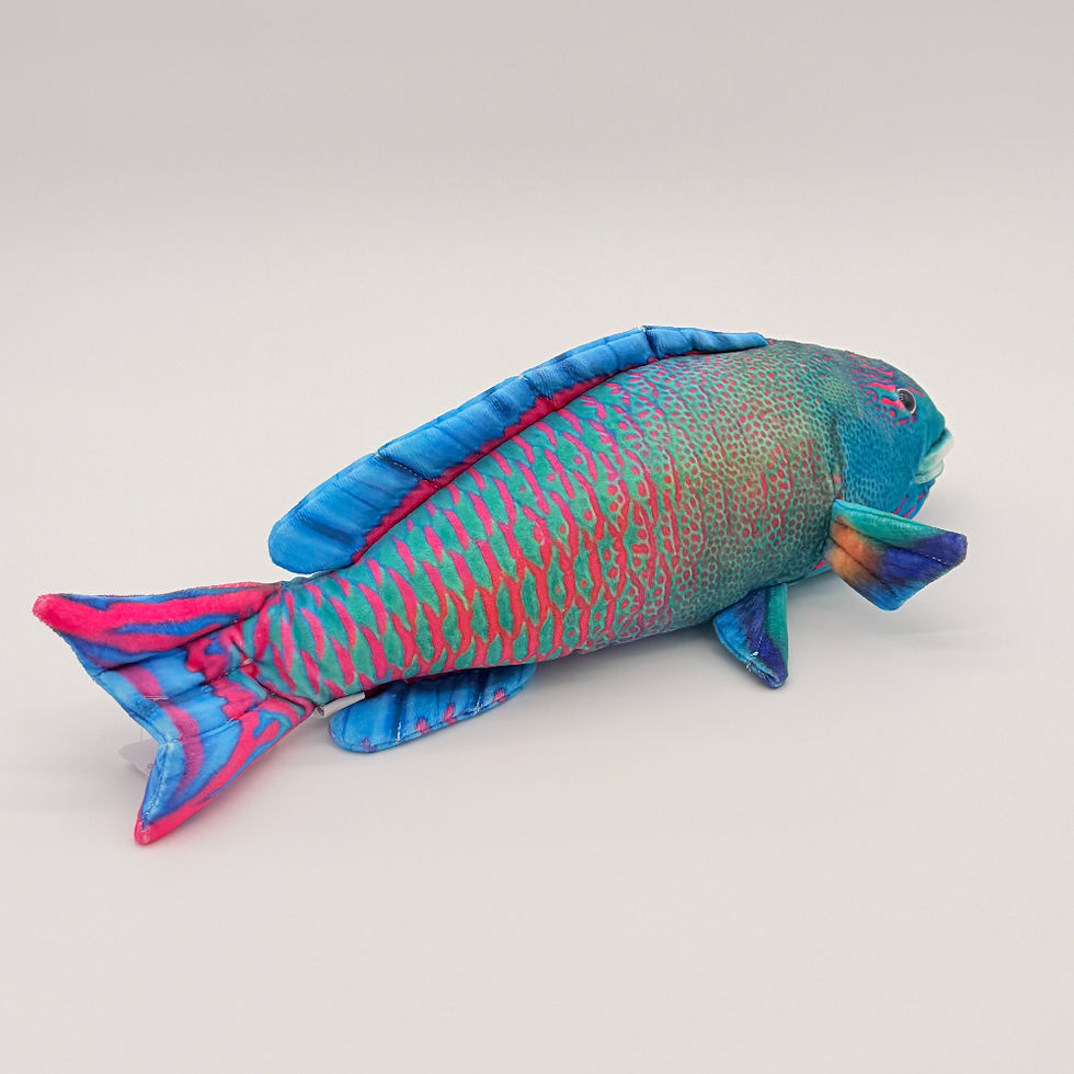 Back view Huggable Toys 38cm Parrot Fish plush toy with soft multi colored pink blue fabric, pink and blue fins, big eyes