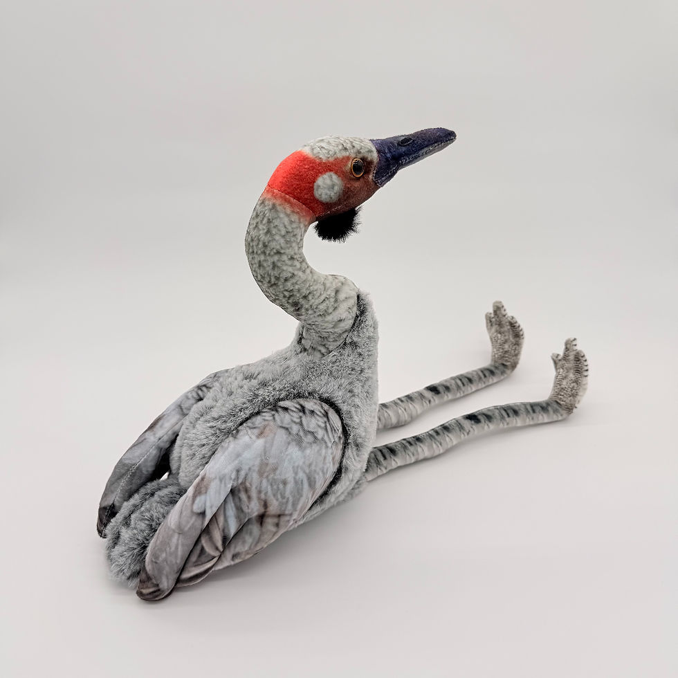Back view Huggable Toys 28cm Brolga plush toy with soft gray fabric for body, red neck, black beak and long legs