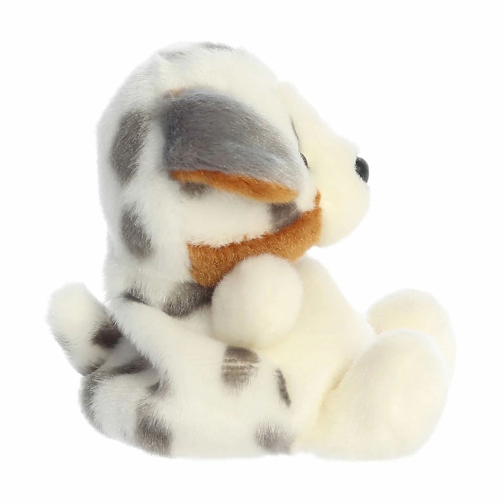 view Palm Pals 13cm Sydney Aussie shepherd plush toy. Features white body, gray spots and ears, brown neckSide