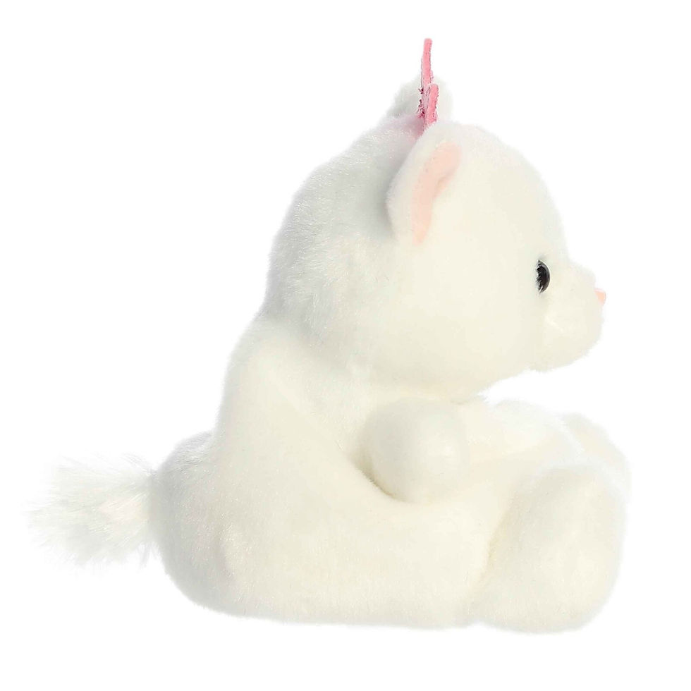 Side view Palm Pals 13cm Priscilla the Princess kitty plush toy. Soft white fur with pink and nose, pink crowninner ears