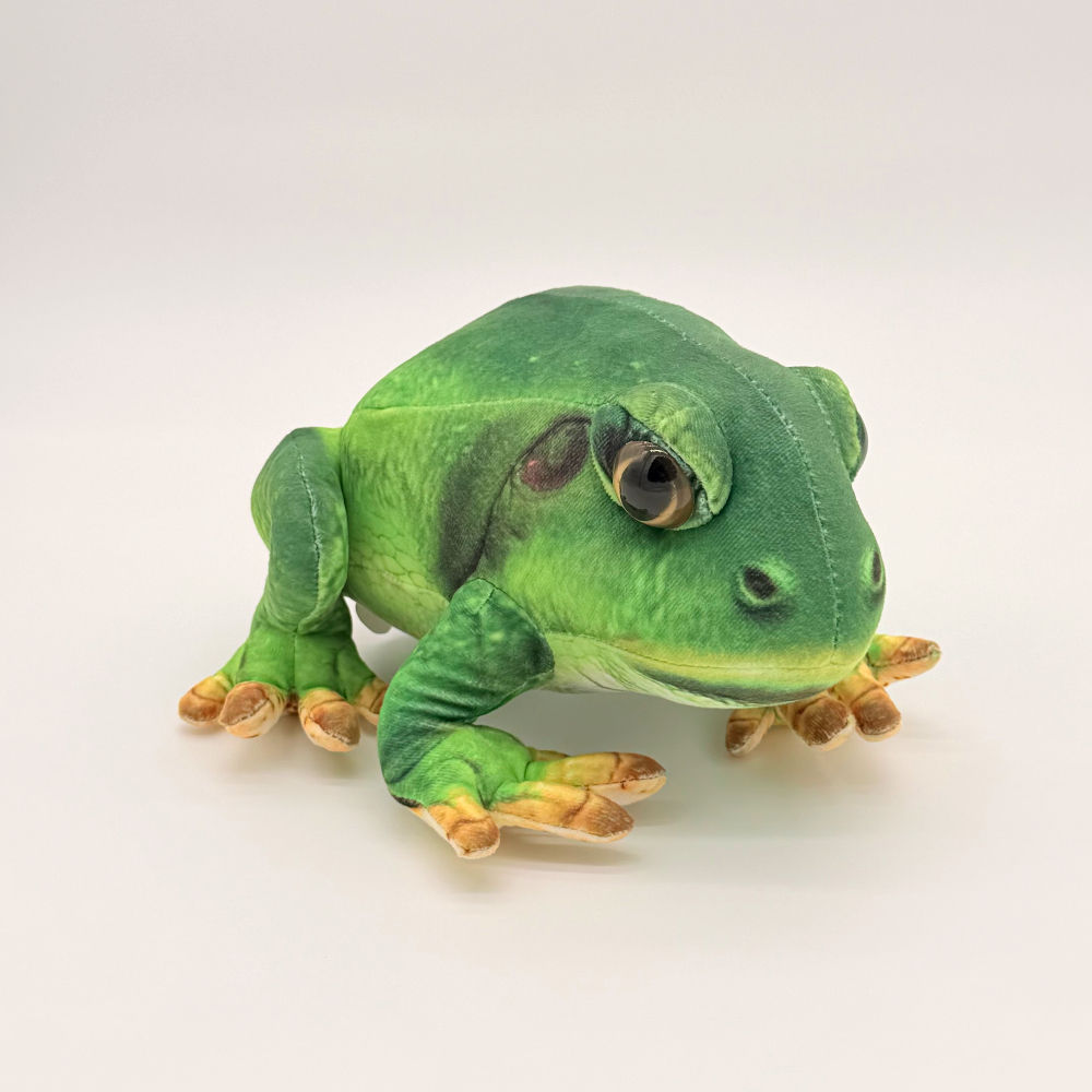 Front view Huggable Toys 24cm Frog plush toy with two tone green soft velour body, yellow tan feet, big bulging eyes