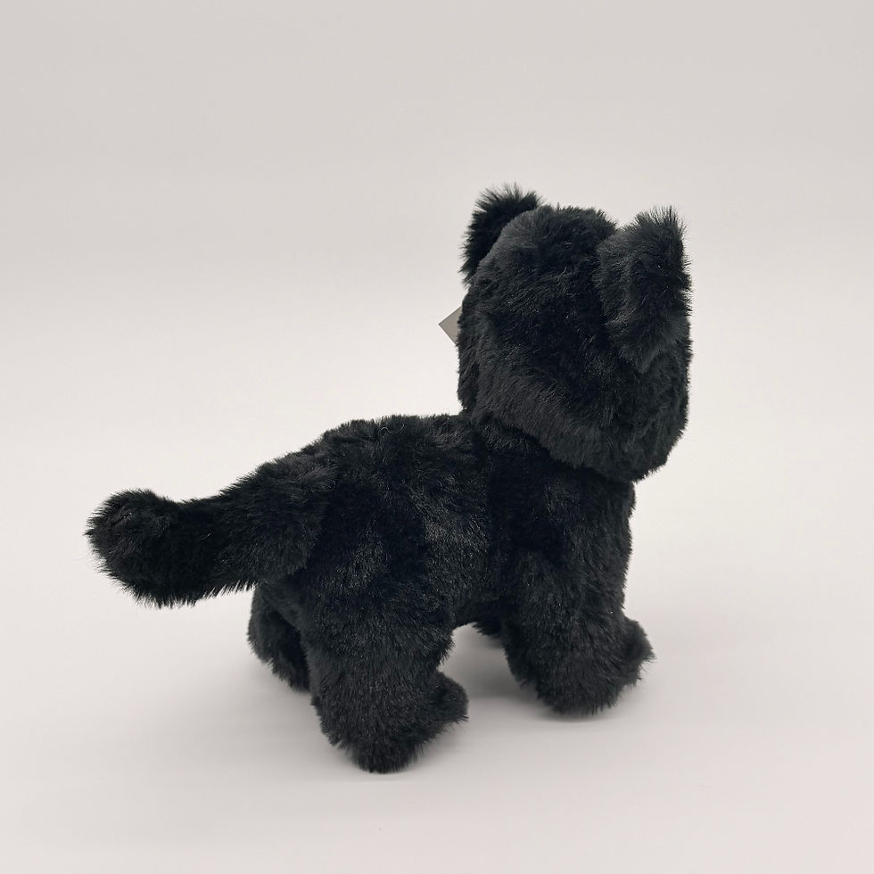 Back view Huggable Toys 20cm Black Cat plush toy with soft black fur, pink nose and gray inner ear and muzzle