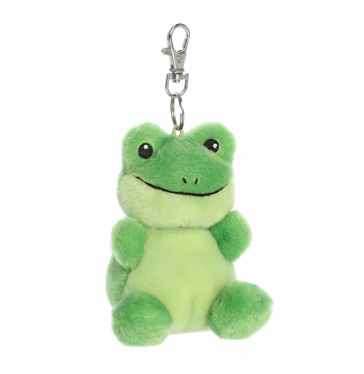 Front view Palm Pals 10cm Ribbits the frog plush keychain. Fur is soft and green on the back with lighter belly and big smile