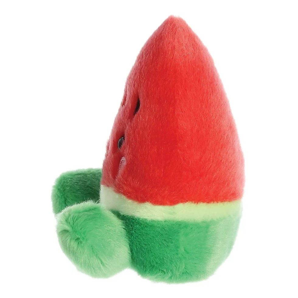 Side view Palm Pals 13cm Sandy the watermelon plush toy with a juicy red body black seed detail and a fluffy green rind base.