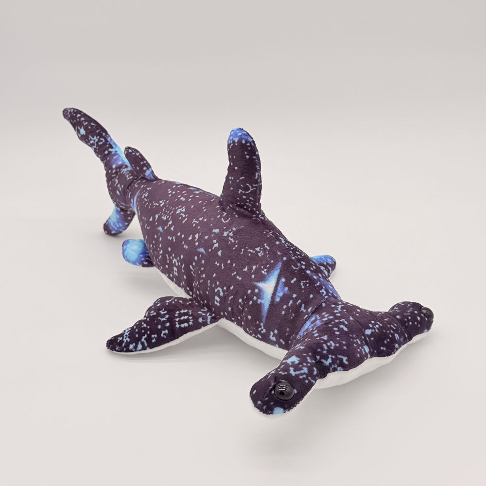 Front view Huggable Toys 42cm Hammerhead Shark plush toy with soft blue mottled fabric, white belly and square flat head