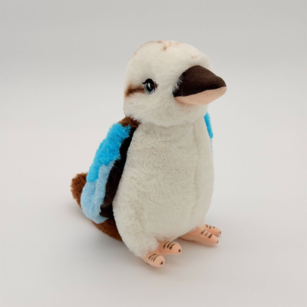 Front view Eco buddies kookaburra plush toy with soft brown back and tail, white chest and head, blue wings and pink feet