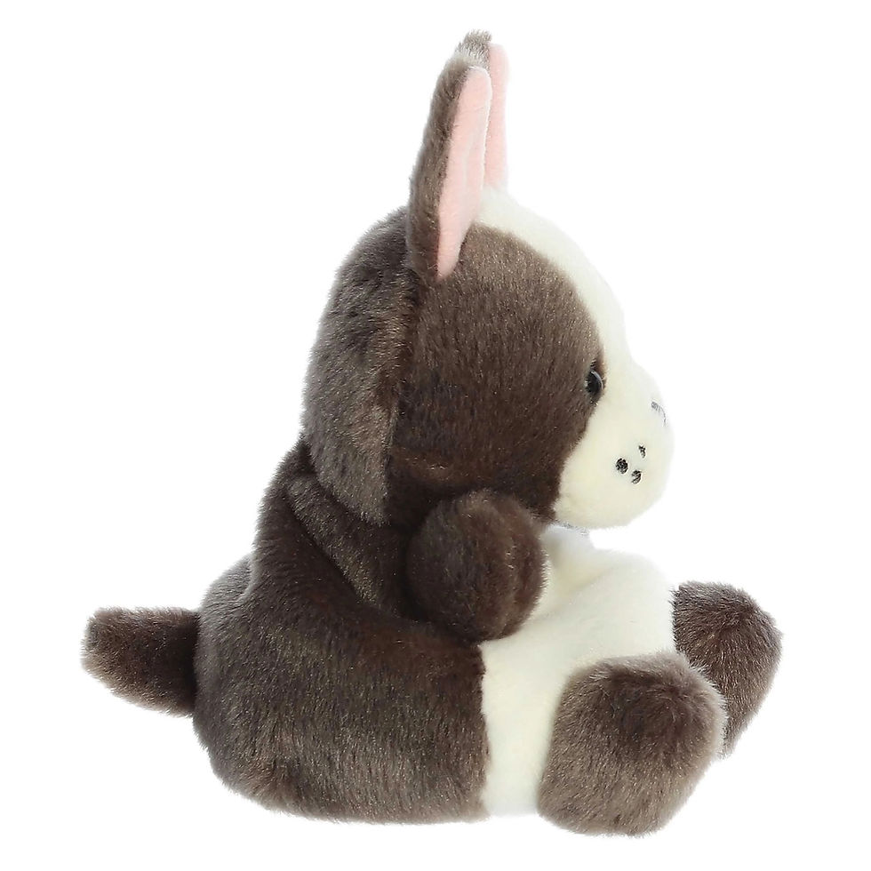 Side view Palm Pals 13cm Beau the French Bulldog plush toy. Body is soft gray fur and white belly and muzzle pink inner ears