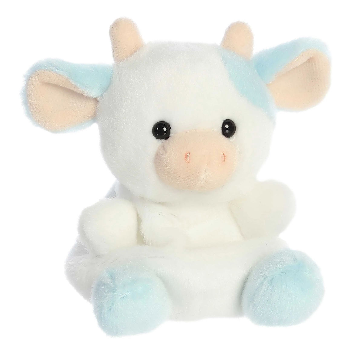 Front view Palm Pals 13cm blueberry cow with soft white fur, light blue spots, tiny horns, and a sweet, peach-colored nose.