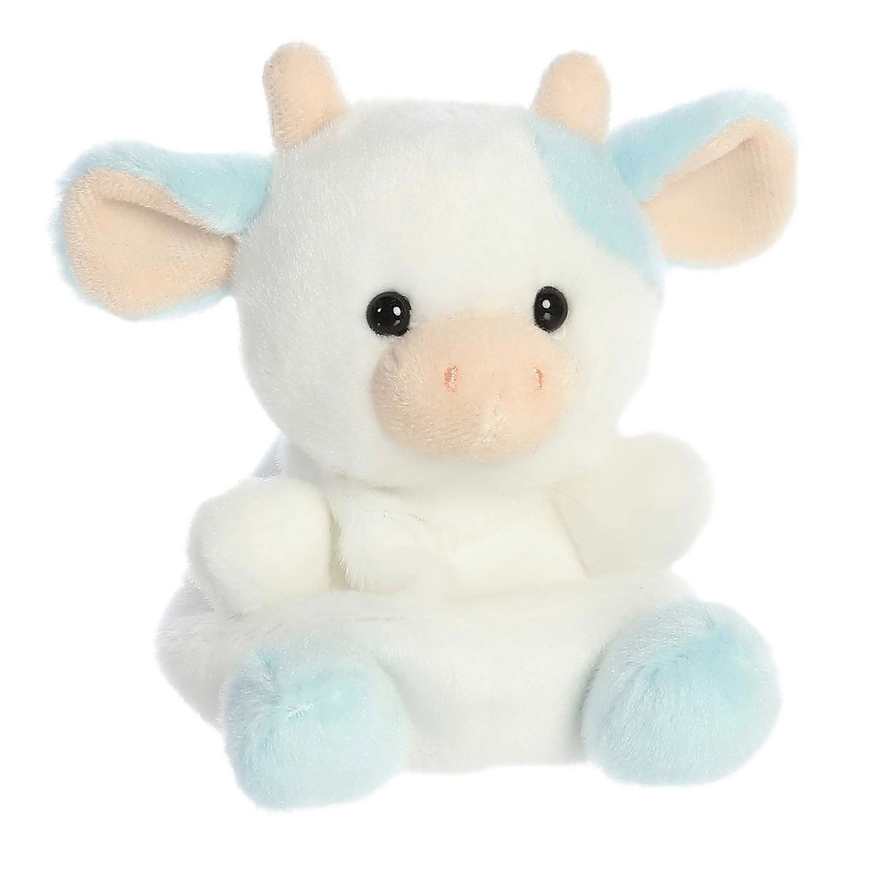 Front view Palm Pals 13cm blueberry cow with soft white fur, light blue spots, tiny horns, and a sweet, peach-colored nose.