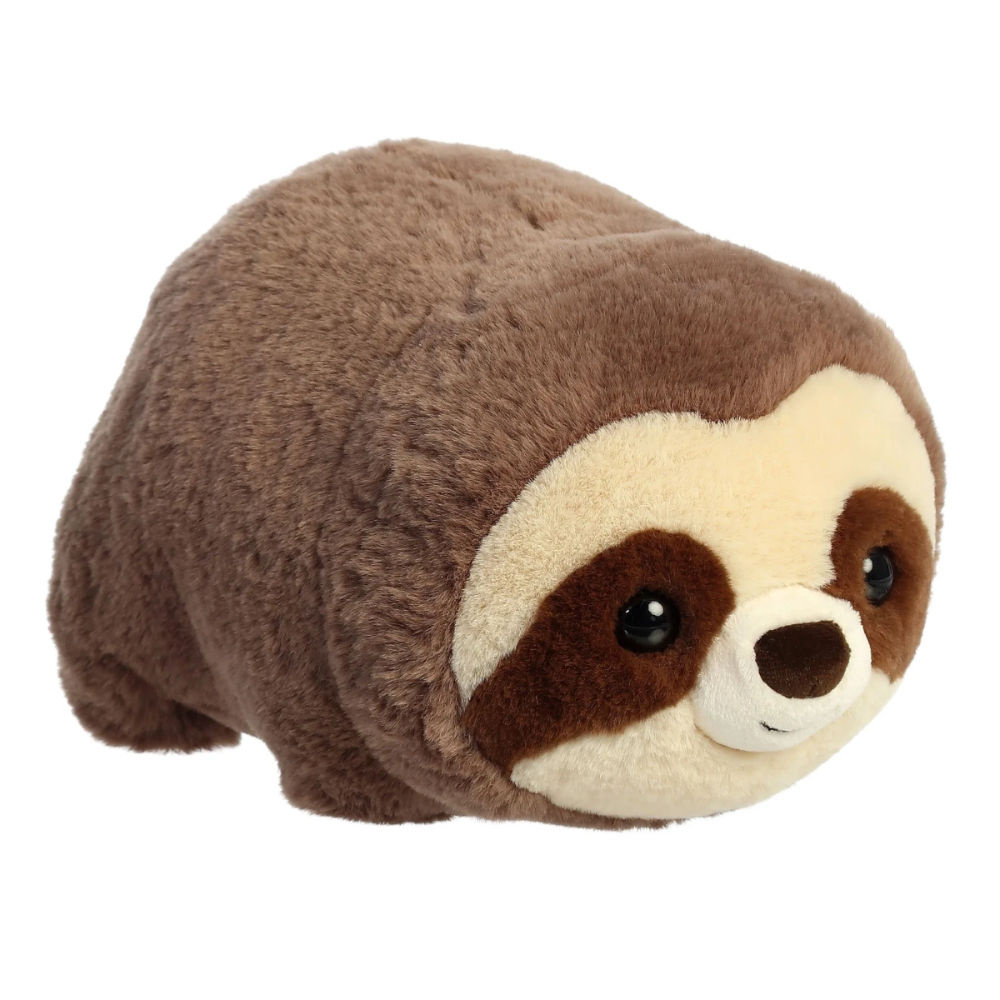 Front view Aurora Spudsters 25cm Spark Sloth plush toy. Soft brown fur, light coloured face, rounded potato shaped body.