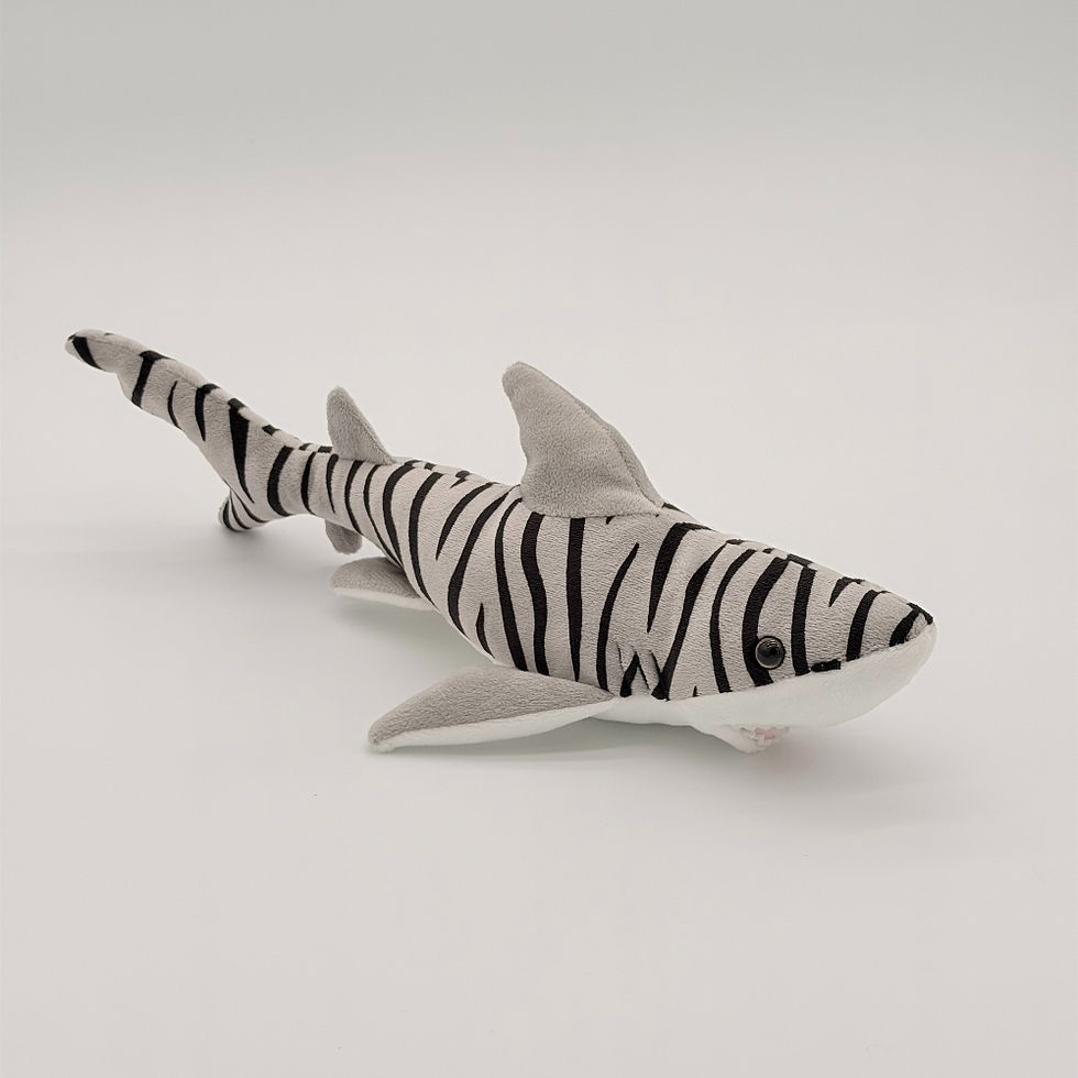 Front view Huggable Toys 32cm Tiger shark plush toy with soft velour gray and black striped body, gray fins, white belly
