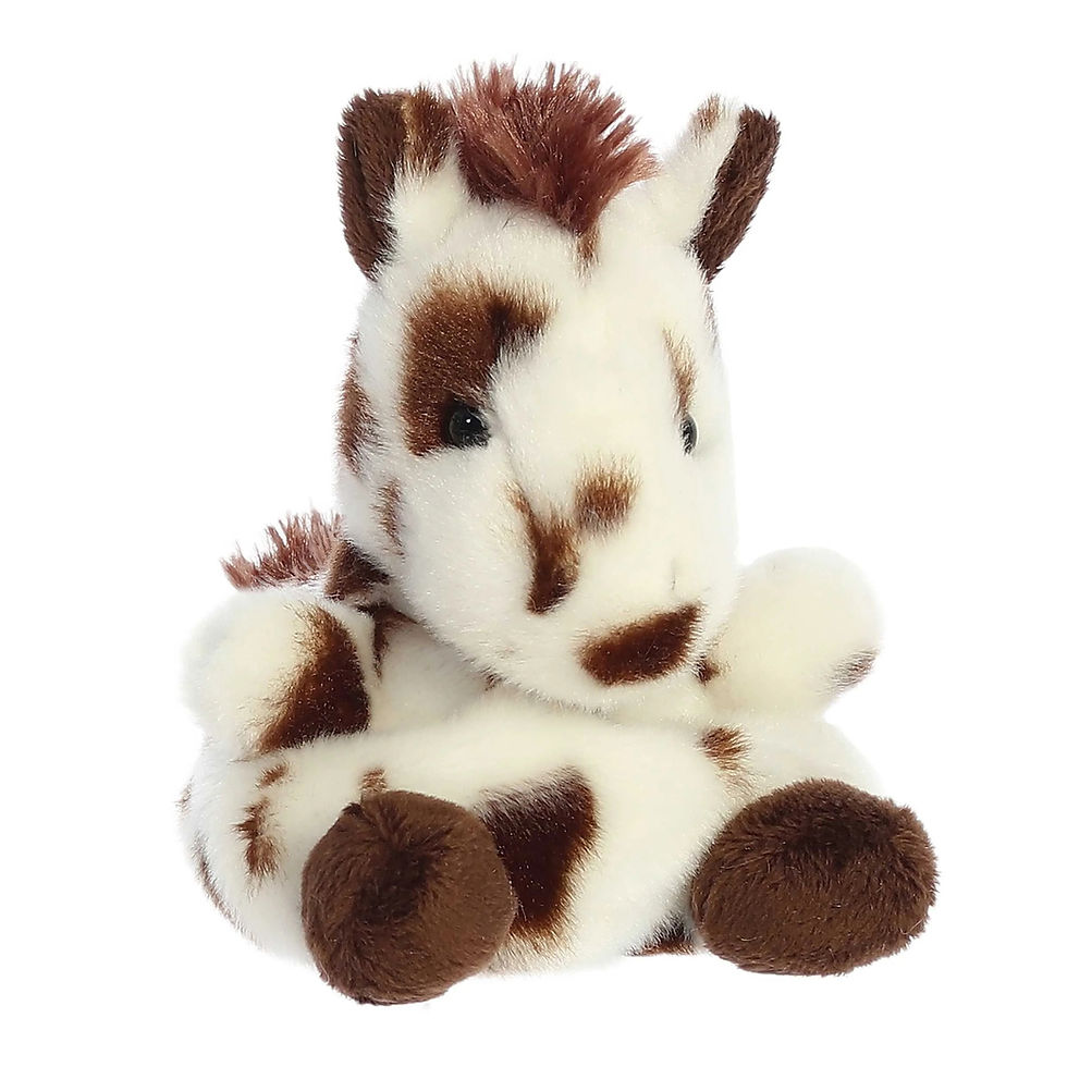Front view Palm Pals 13cm Haymitch the Painted horse plush toy. Soft white body, bold brown patches, a brown mane and tail.