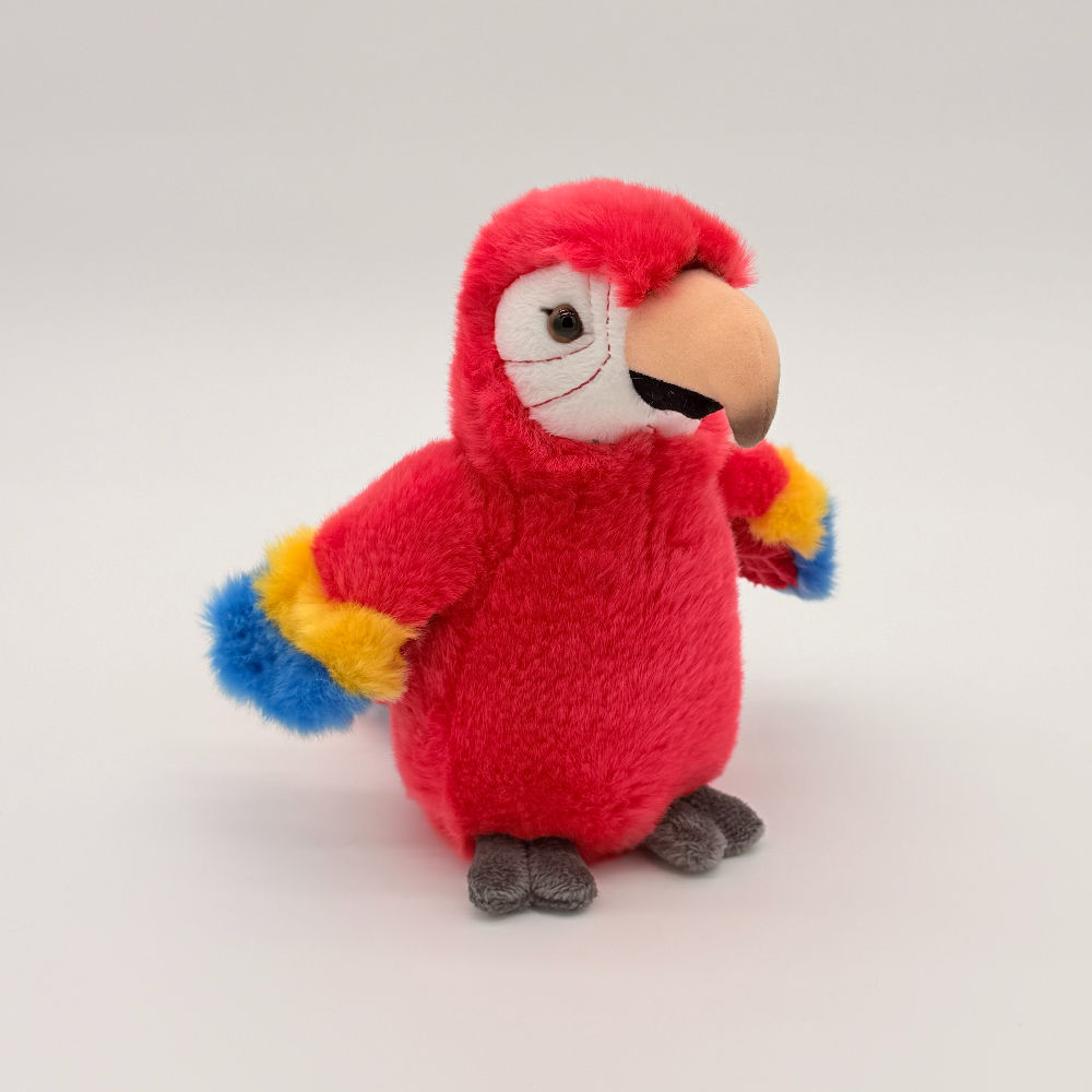 Front view Lil Friends 18cm Red Macaw plush toy with soft red fur, blue and yellow wing tips, gray feet and light beak
