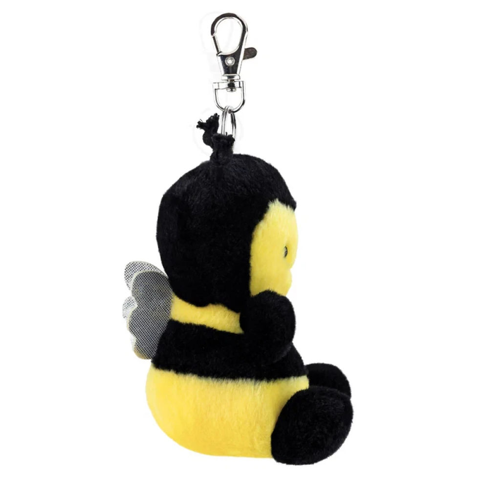 Side view Palm Pals Queeny bee plush keychain. Soft yellow and black striped body, cute white wings and black antennae