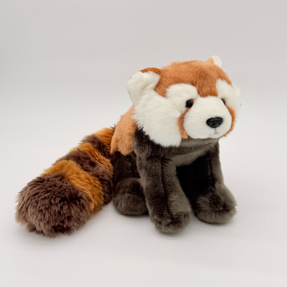 Front view Living Nature 25cm Red Panda plush toy with soft brown fur, striped tail and white face, darker brown legs