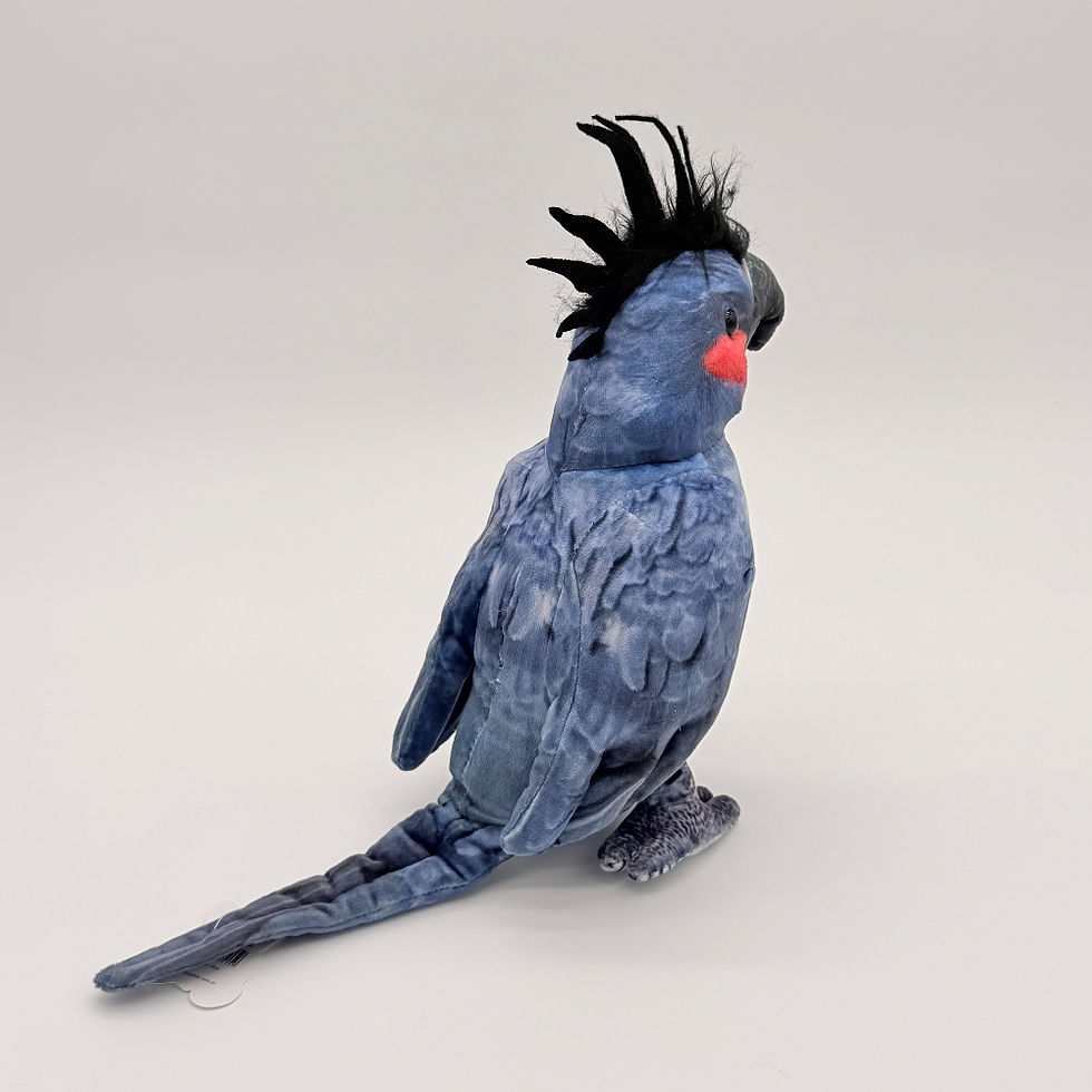 Back view Huggable Toys 24cm Palm Cockatoo plush toy with soft blue mottled body, black crest and red cheeks.