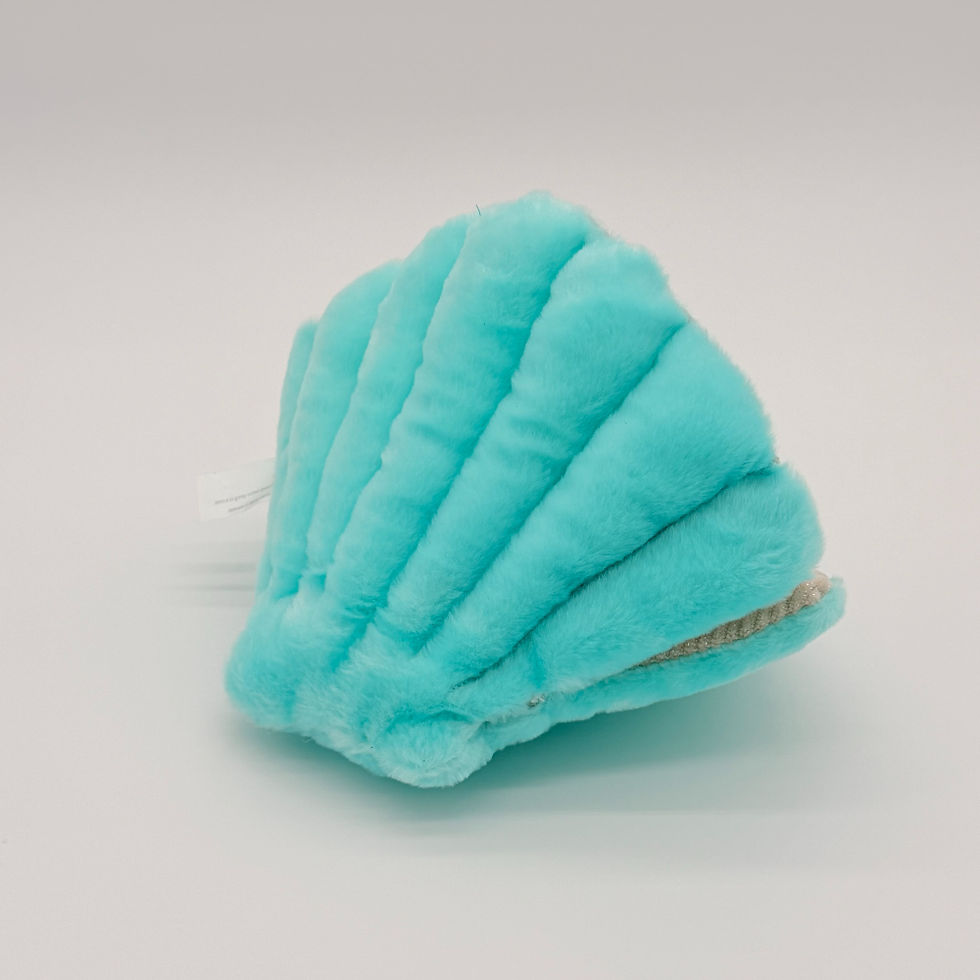 Back view Huggable Toys 24cm Pearl plush toy with soft turquoise fur clam shell with gray inner and smiley face white pearl