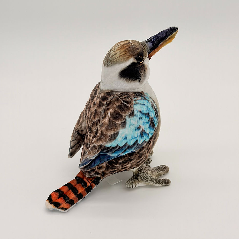 Back view Huggable Toys 18cm Kookaburra plush toy with large dark beak, soft brown body, and striking blue wing feathers.