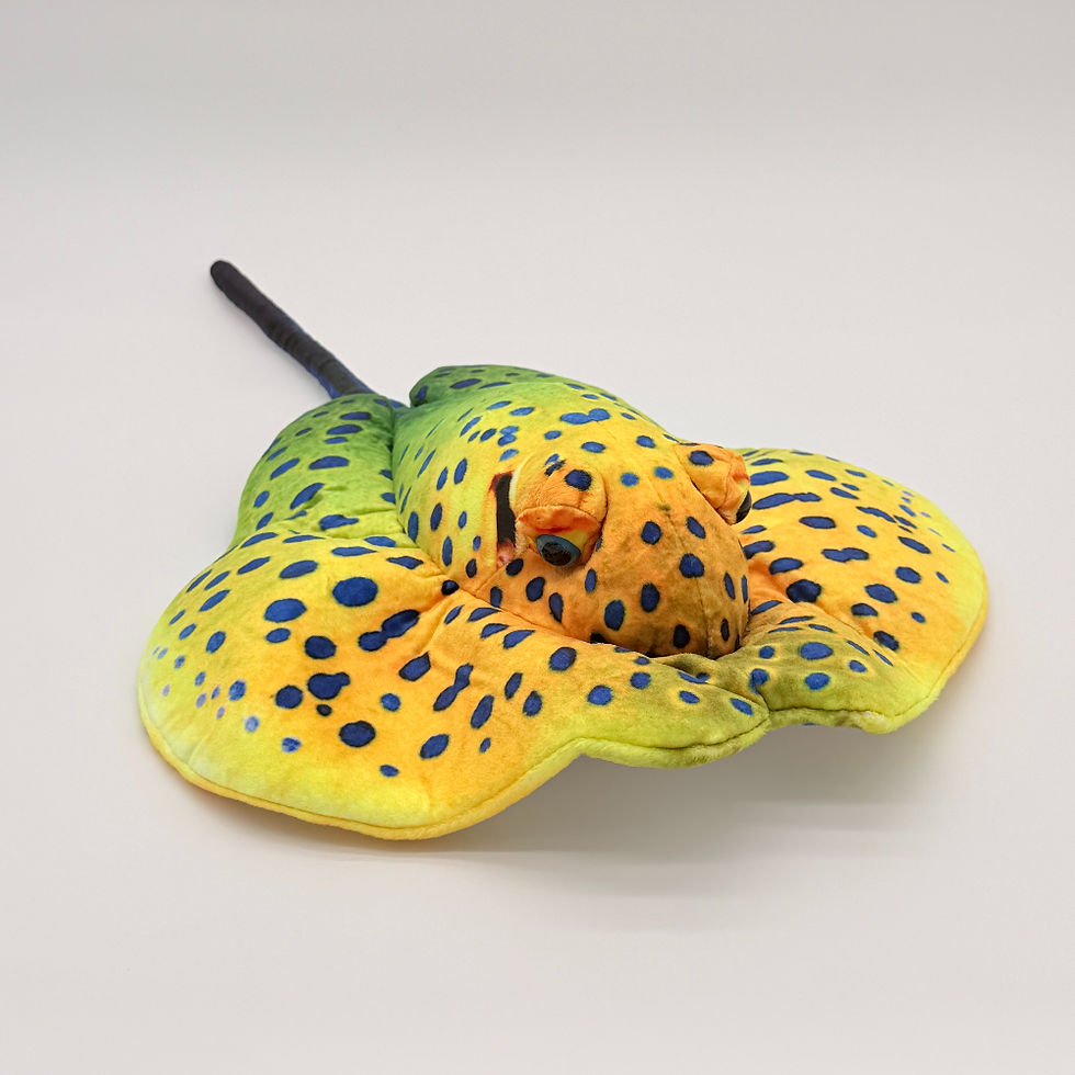 Front view Huggable Toys 33cm Blue Spotted Stingray plush toy with a soft velour body, bright yellow-green and blue spots.