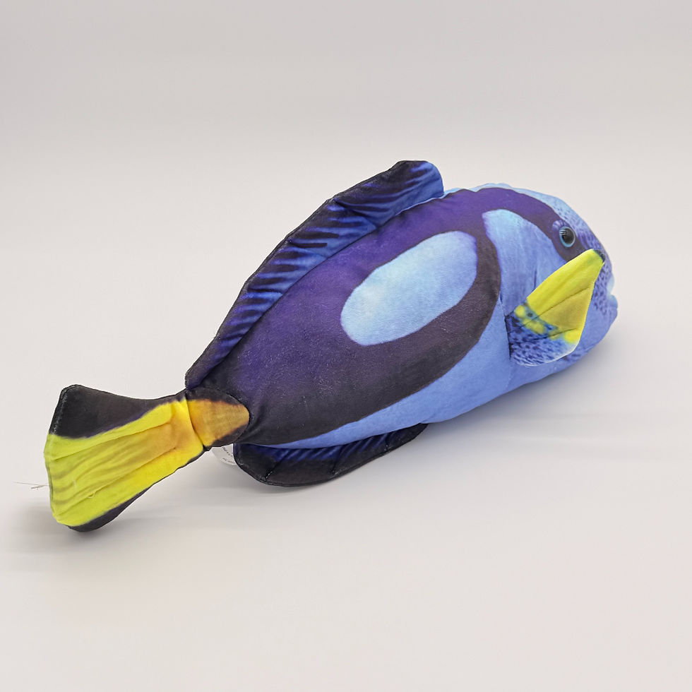 Back view Huggable Toys Tang Blue Fish plush toy with soft two tone blue fabric with yellow features and large eyes