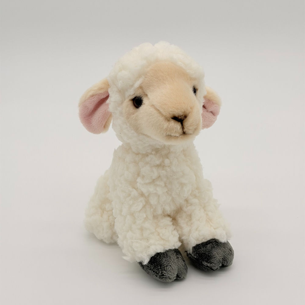 Front view Lil Friends Lamb plush toy with soft white curly fur, pink face and inner ears, black eyes and black feet