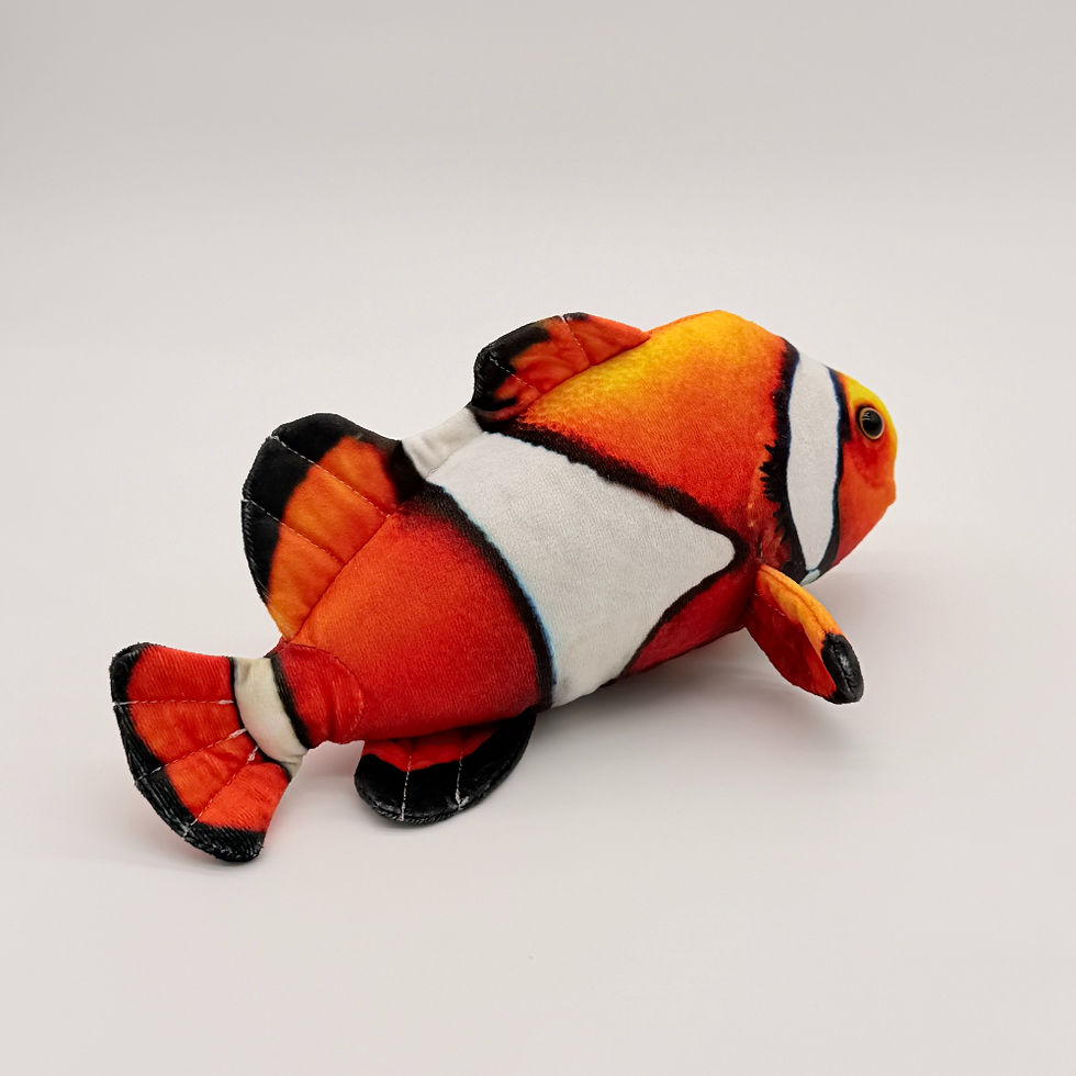 Back view Huggable Toys 30cm Clown Fish plush toy with vibrant orange and white striped markings, detailed fins and big eyes