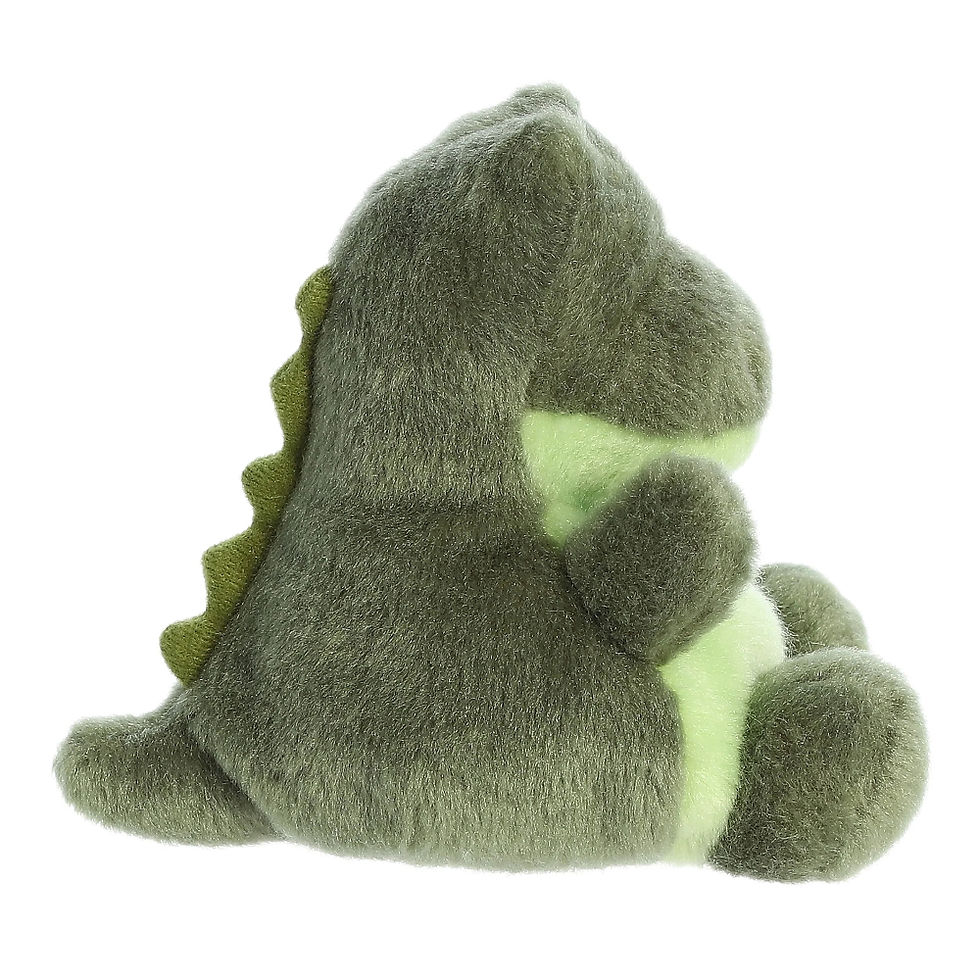 Side view Palm Pals 13cm Scales the Alligator plush toy. He has a soft mossy green body and scales and light green belly.s