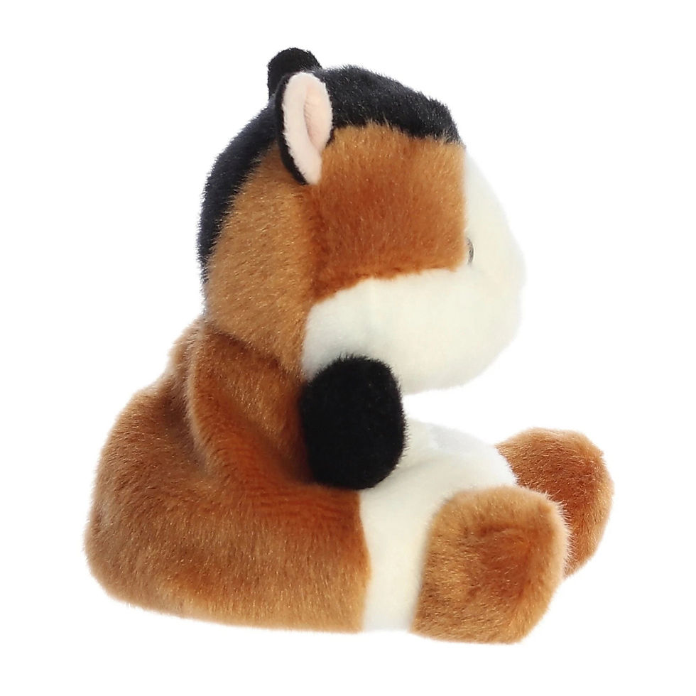 Side view Palm Pals 13cm Nutmeg the Guinea Pig plush toy. Feature black, brown & white soft fur, cute round ears, black eyes
