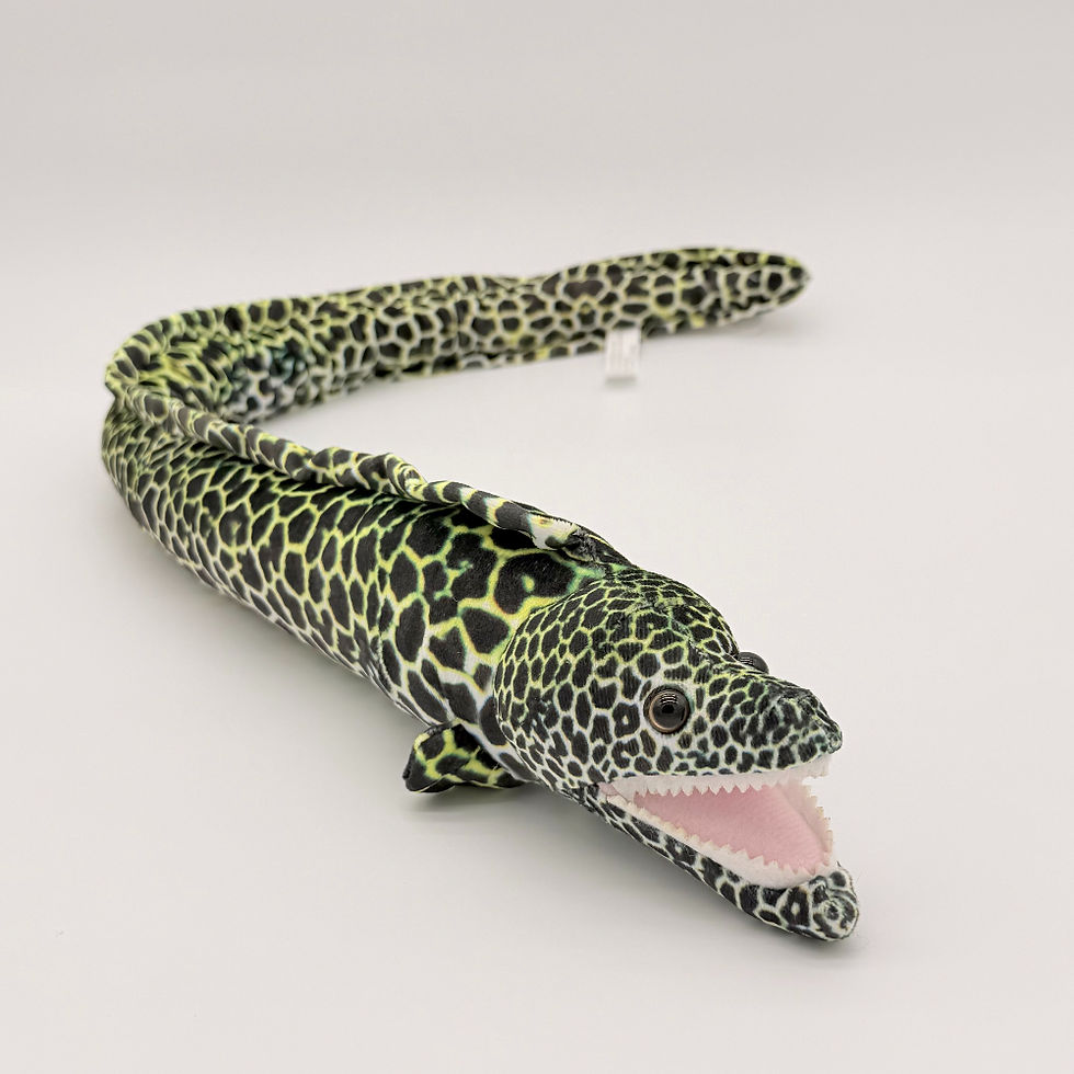Front view Huggable Toys 76cm Eel plush toy with soft yellow black, white mottled fabric, white teeth, pink inside mouth