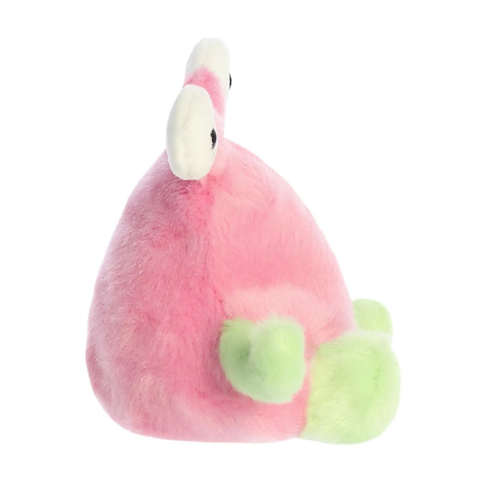 Side view Palm Pals 13cm Silly the alien plush toy with a rosy pink body, lime green arms and legs, wobbly white eyes on top