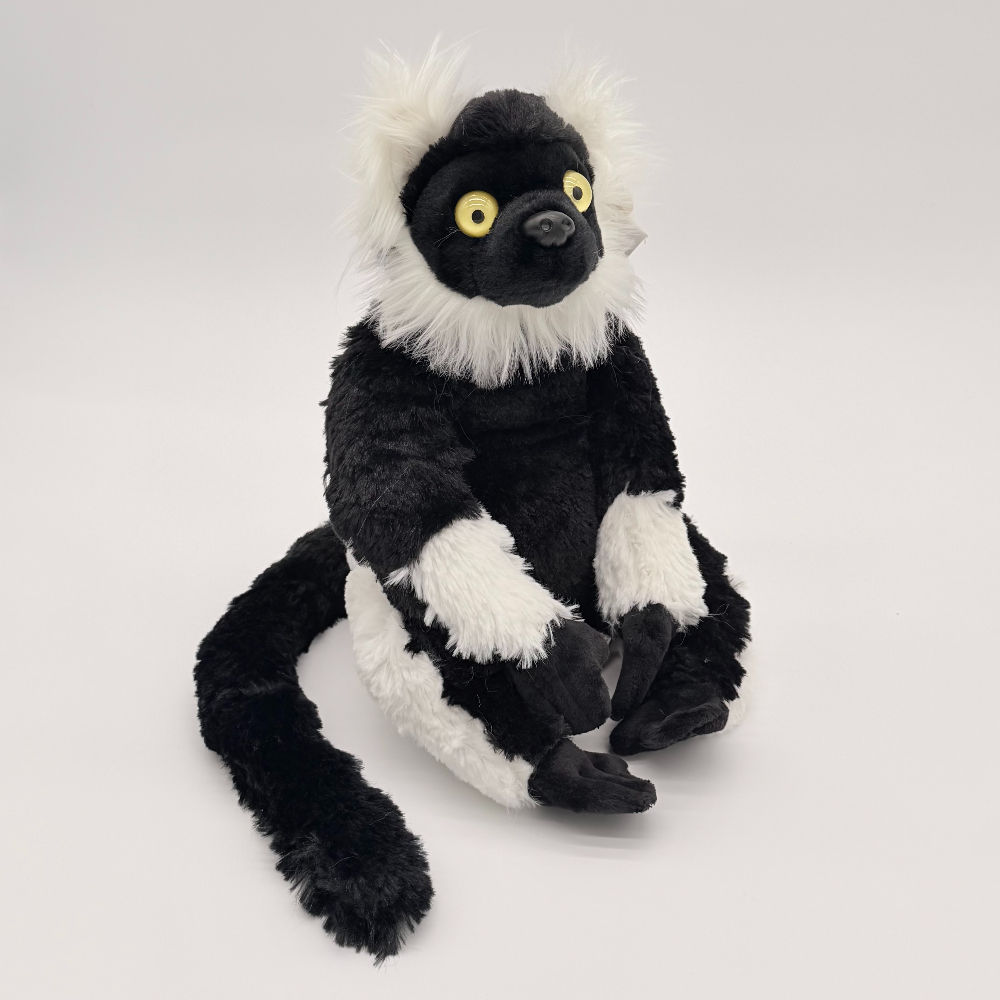 Front view Wild Republic 30cm Black and White Lemur features soft black and white fur, long tail and ruffled white neck