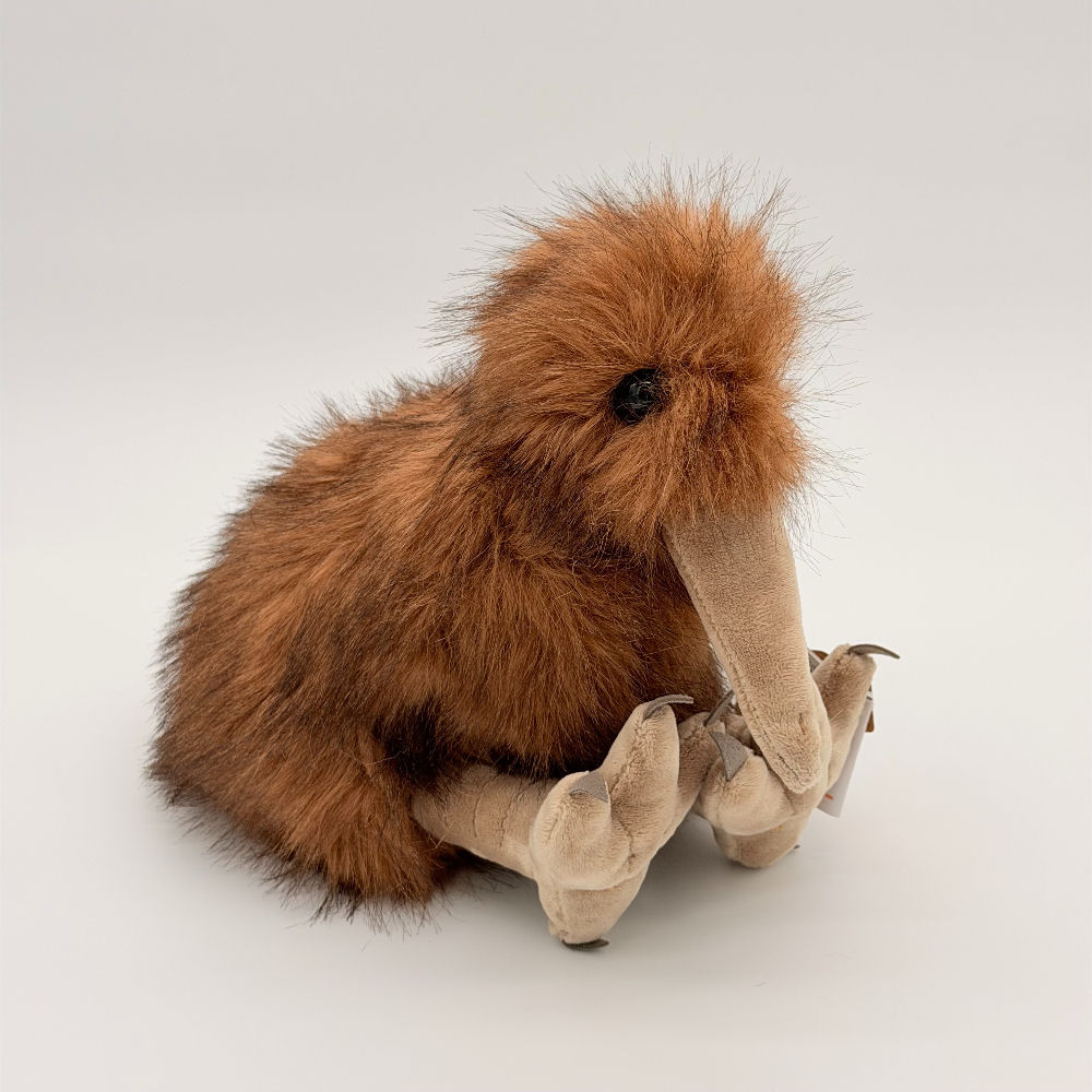 Front view wild Republic 24cm Eco Kiwi plush toy features soft brown feathers, lighter beak and feet, gray toes