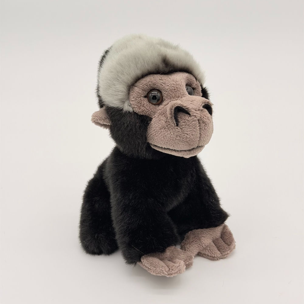 Front view Lil Friends 18cm Gorilla plush toy with soft black fur, large gray forehead, light face and black eyes