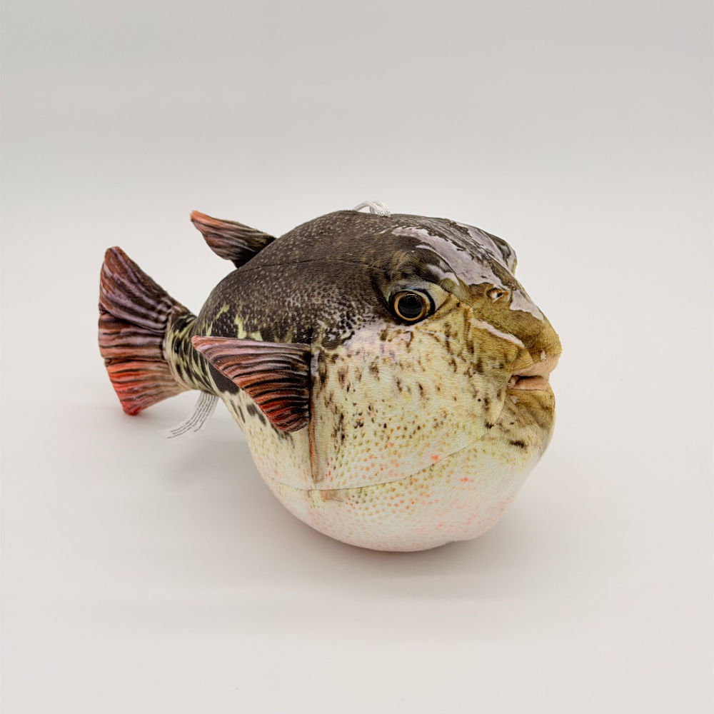 Front view Huggable Toys 30cm Puffer Fish plush toy with large round body red tipped fins and large eyes