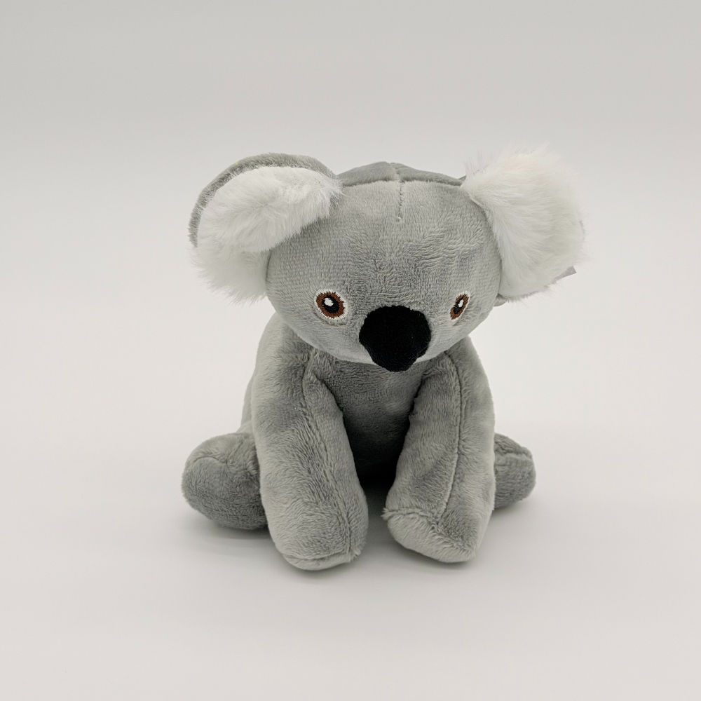 Front view Huggable Toys 15cm Koala plush toy with soft gray fur, white inner ears, black nose and small black eyes