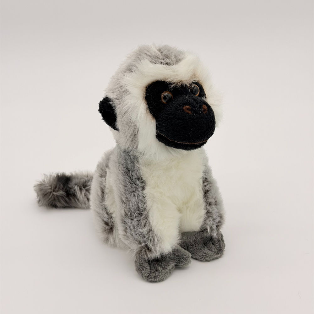 Front view Lil Friends 18cm Vervet Monkey plush toy with soft gray fur, long tail, white belly, black face and ears