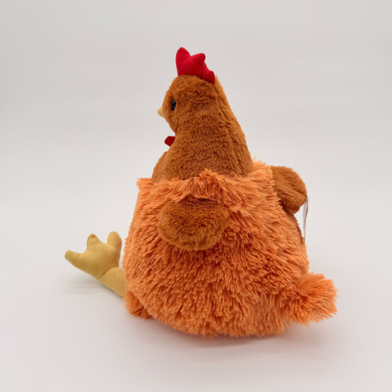 Back view Huggable Toys 25cm Chicken plush toy with soft brown head and wings, orange body, red crest and yellow beak.
