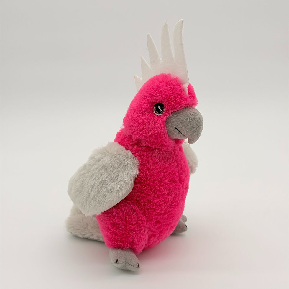 Front view Eco buddies 25cm Galah plush toy with soft pink body, gray wings and tail, white crest and gray beak