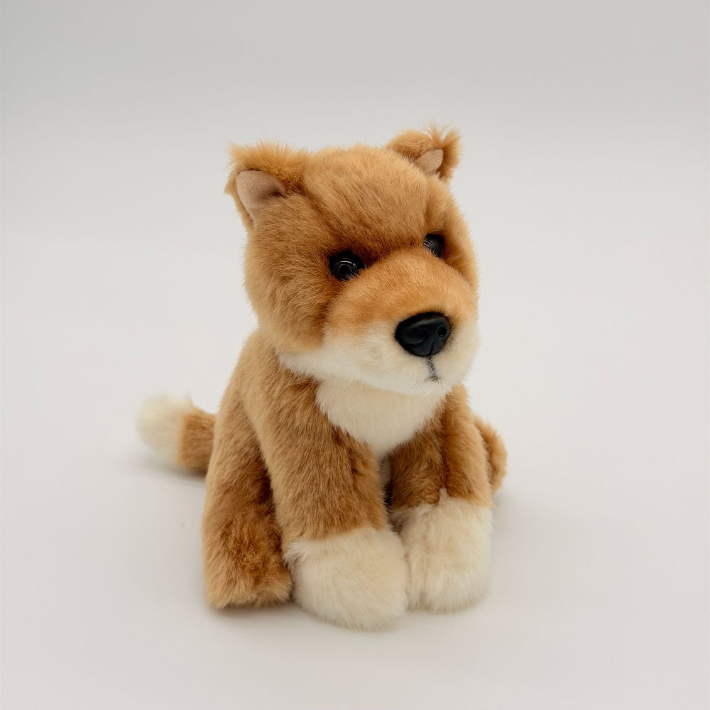 Front view Dinki Di Dingo plush toy with soft light brown fur, black nose, white chest, feet and tip of tail