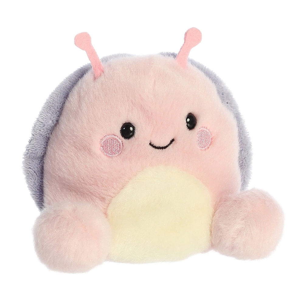 Front view Palm Pals 11cm Shelby the Snail plush toy. Features pink and gray shell, pink body, white belly and pin antennae