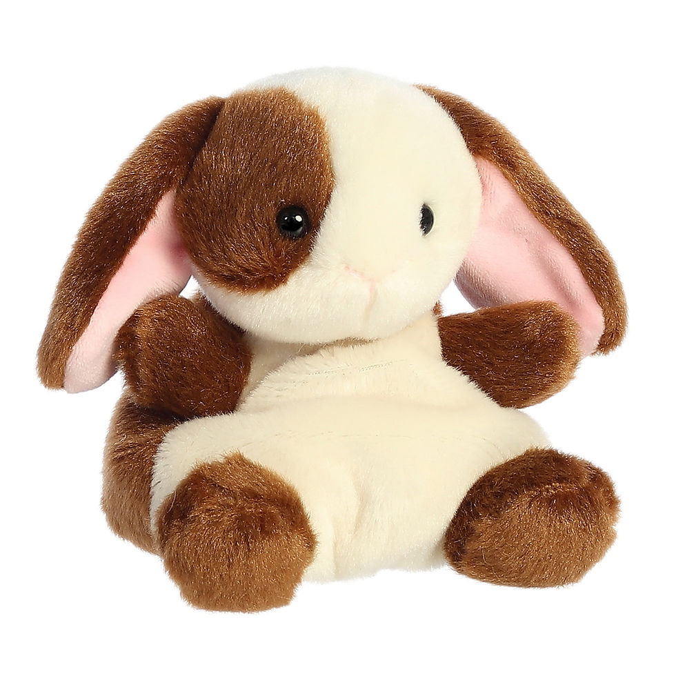 Front view Palm Pals Clover the Bunny plush toy. Features soft light and dark brown fur, pink inner ears and light cottontail