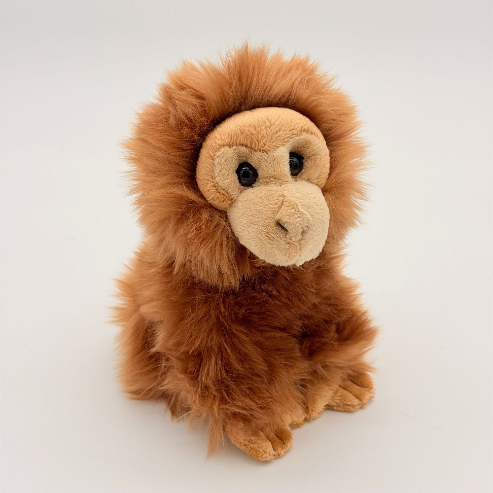 Front view Lil Friends 18cm Orangutan Plush toy with soft orange brown fur, light coloured face and dark eyes