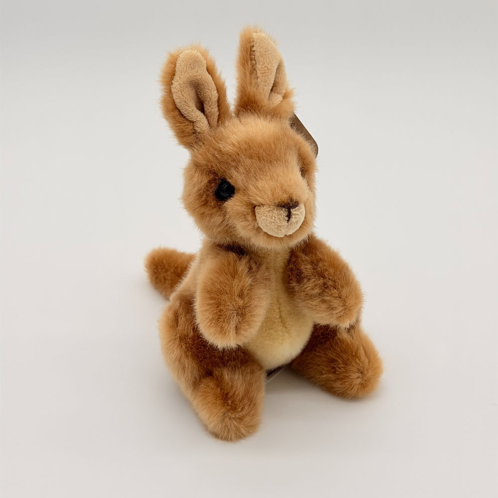 Front view Lil Friends 18cm Kangaroo plush toy with soft brown fur, lighter belly, mouth and inner ear and dark eyes
