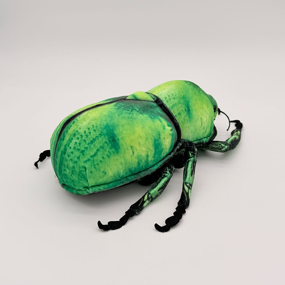 Back view Huggable Toys 28cm Green Scarab Beetle plush toy with soft green mottled fabric, six green black legs, two antenna