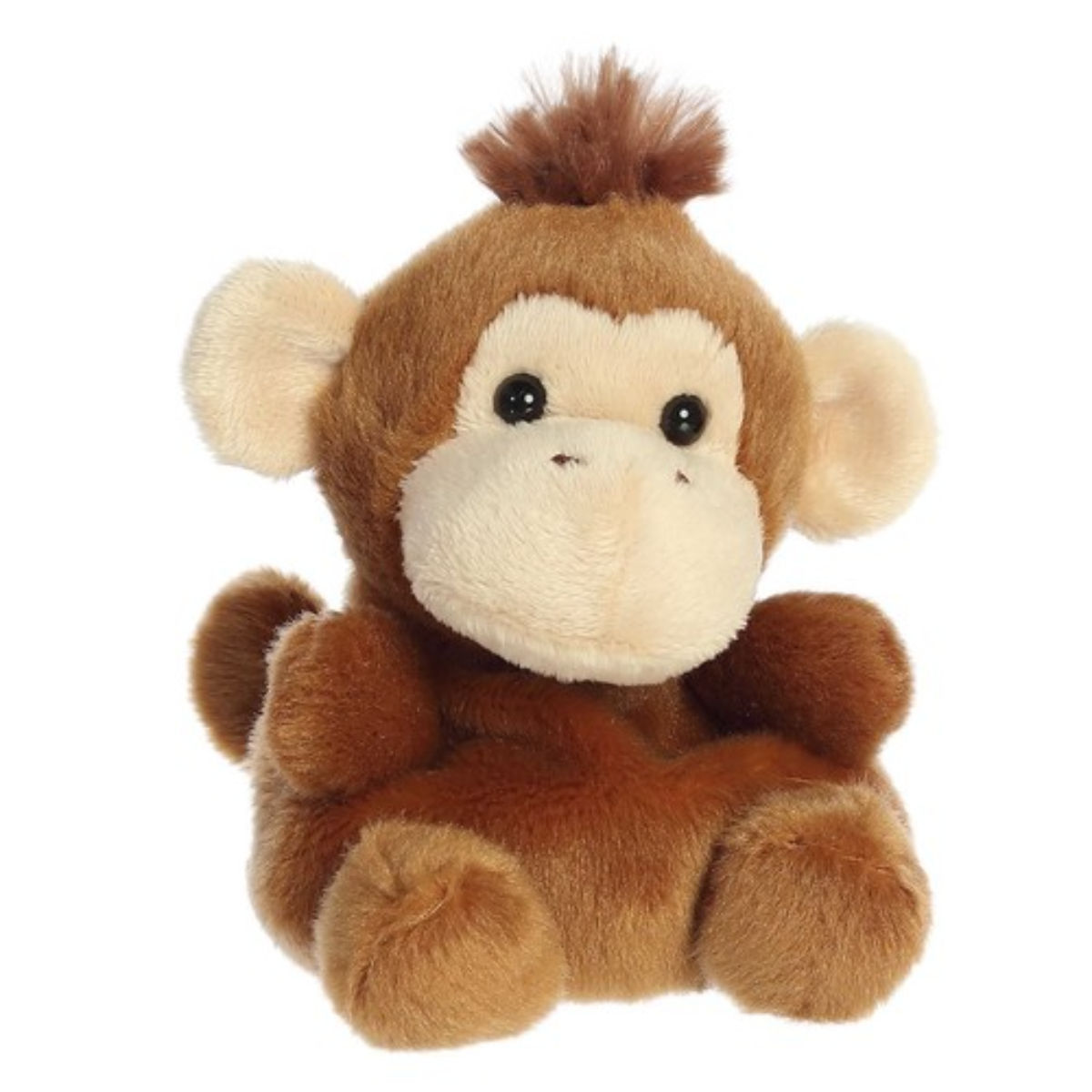 Front view Palm Pals 13cm Boomer the monkey plush toy. Soft brown fur, lighter face and ears and cheeky tuft of hair.