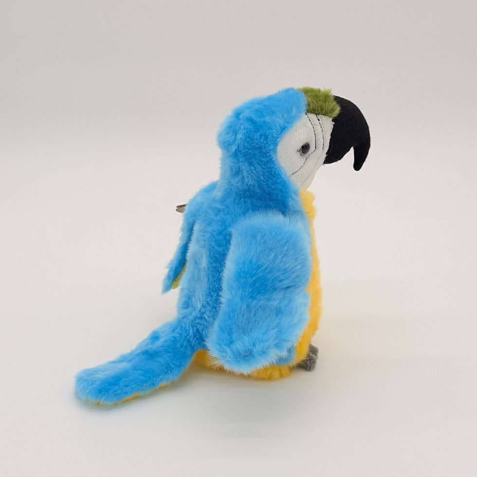 Back view Lil Friends 18cm Blue Macaw with soft pale blue fur and wings, yellow breast, white face and black beak
