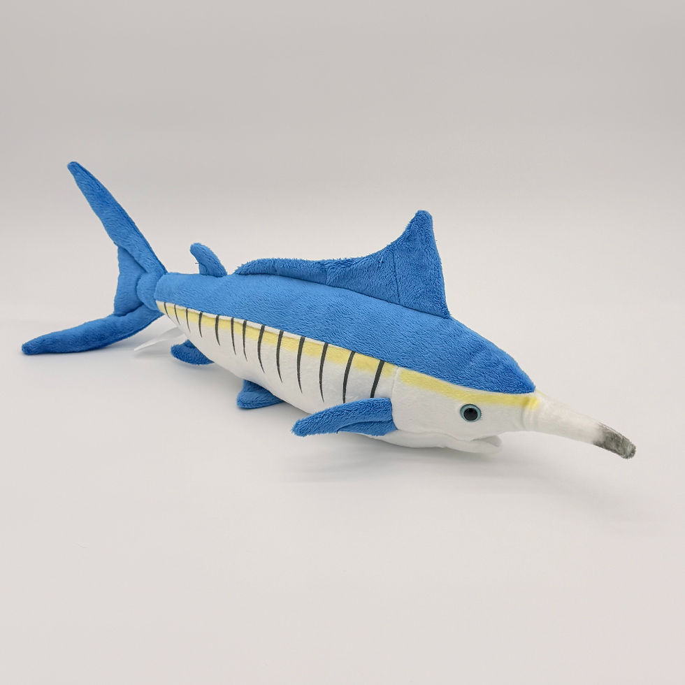 Front view Huggable Toys 50cm Marlin plush toy with soft blue body with white belly, black stripes and pointy nose