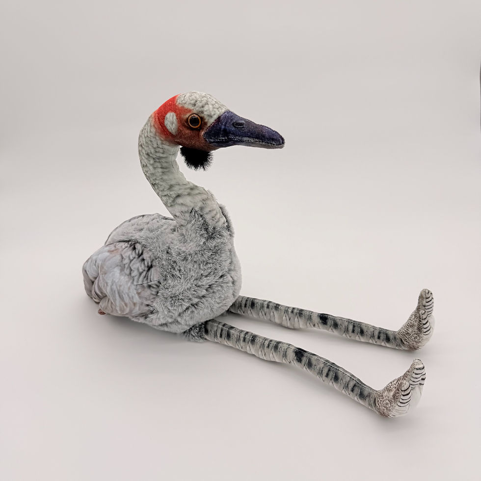 Front view Huggable Toys 28cm Brolga plush toy with soft gray fabric for body, red neck, black beak and long legs